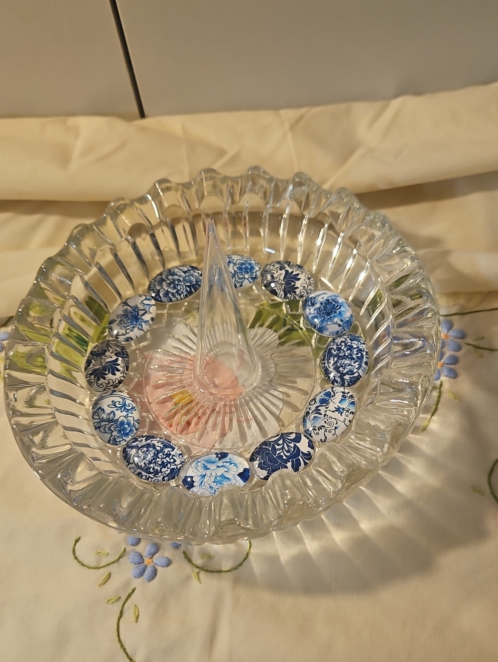 Upcycled Crysyal Ring Holder Trinket Dish with Blue Floral Accents